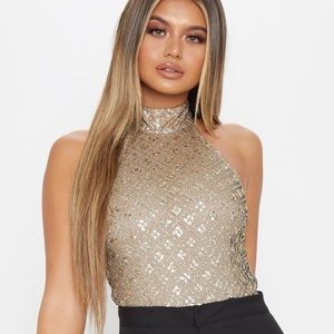 Pretty Little Thing Gold Halter Bodysuit